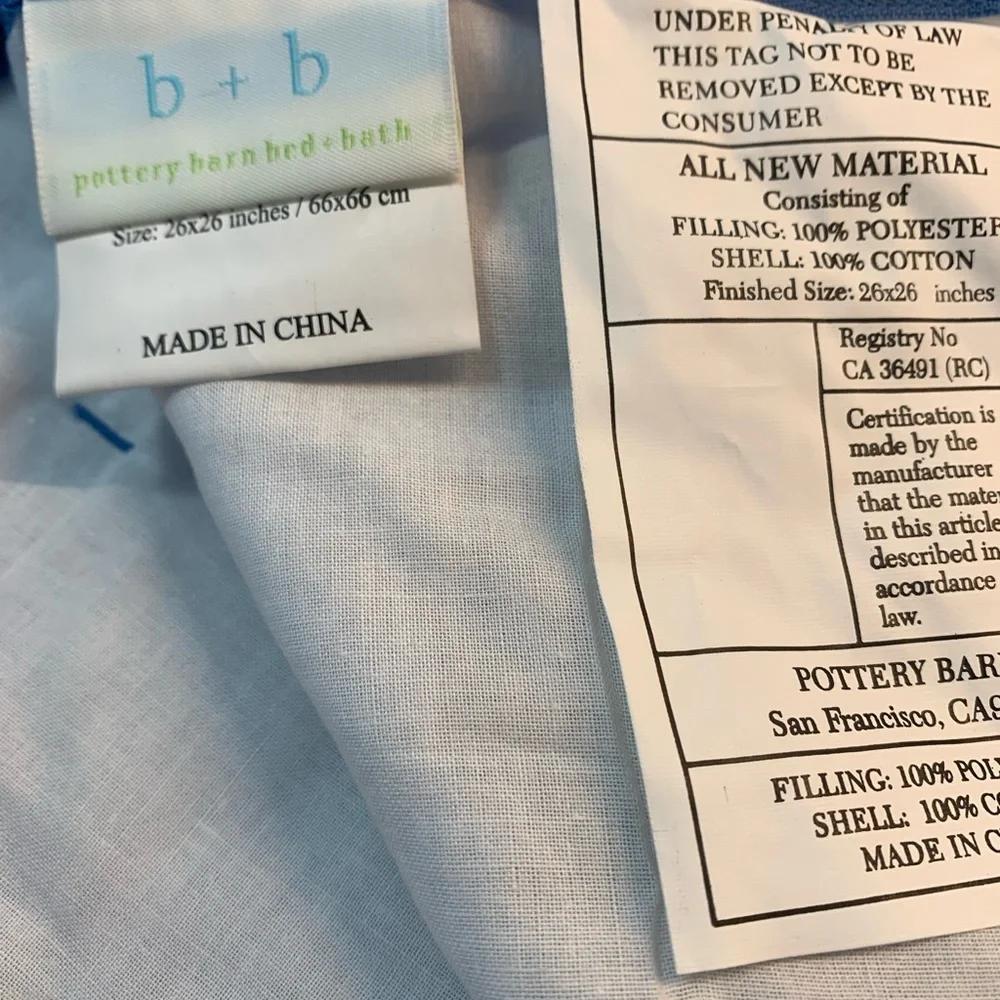 NEW Pottery Barn Bed + Bath French Blue Voile Quilted Euro Sham 26 x 26​
